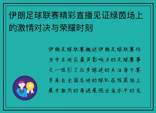 伊朗足球联赛精彩直播见证绿茵场上的激情对决与荣耀时刻