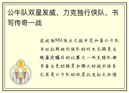 公牛队双星发威，力克独行侠队，书写传奇一战